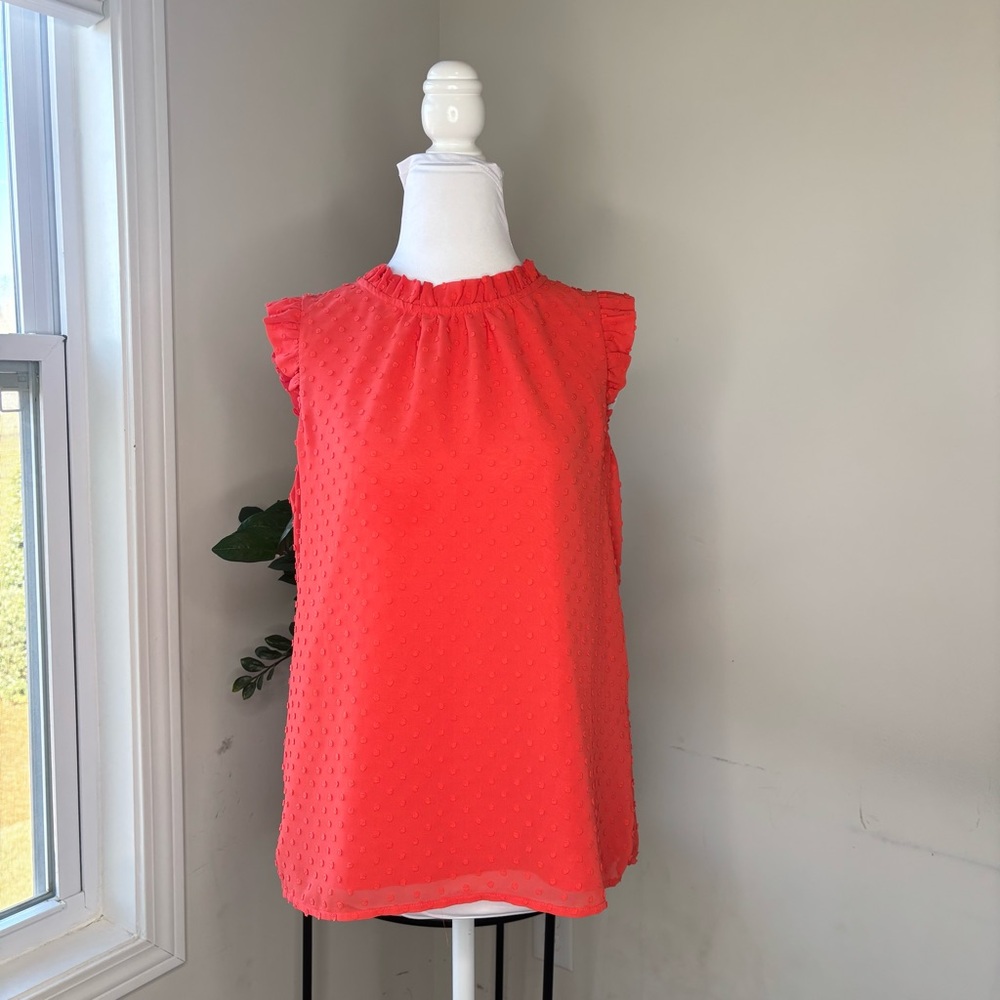BN5 J. Crew Coral Red Chiffon Ruffle Sleeve Blouse Sleeveless Small Preppy